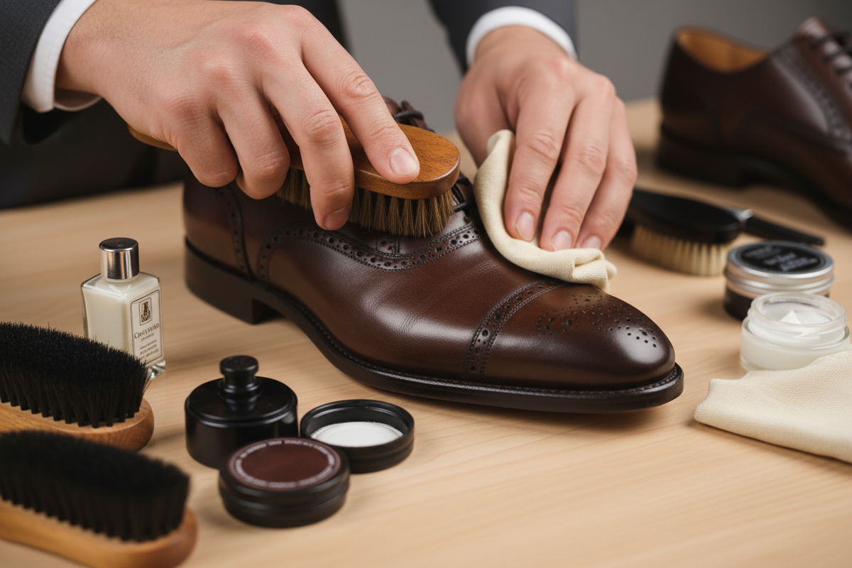 a man  cleaning the leather shoe for men  only his hands and the tools of cleaning a leather shown 